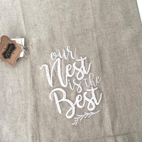 Tan Linen Embroidered Hand Towel Our Nest Is the Best - Picture 4 of 4